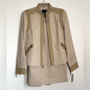 VTG/NWT Doncaster Skirt Suit Set, Size 10, Stunning Tan/Cream w/ Leather Trim